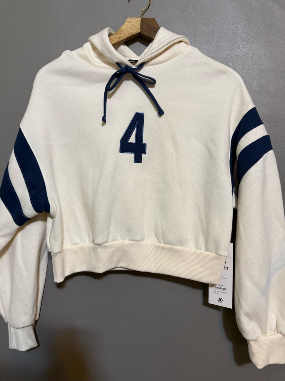Love Poem Cropped White Hoodie Sweater with Navy Accents by